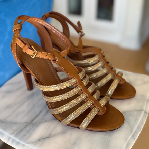 Tory Burch Size 8 Camel Tan and Gold Strappy Heels Metallic Leather Sandal Shoes - Picture 3 of 15
